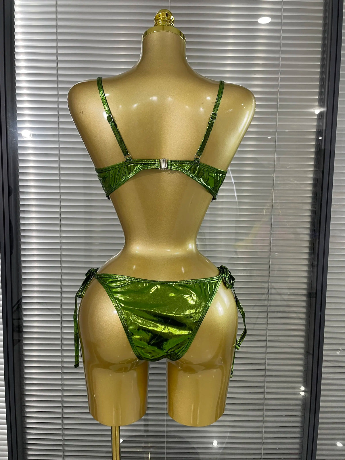 Green Color Women Sexy Shining Rhinestones 2 Pieces Costume Set Showgirl Stage Performance Swimwear