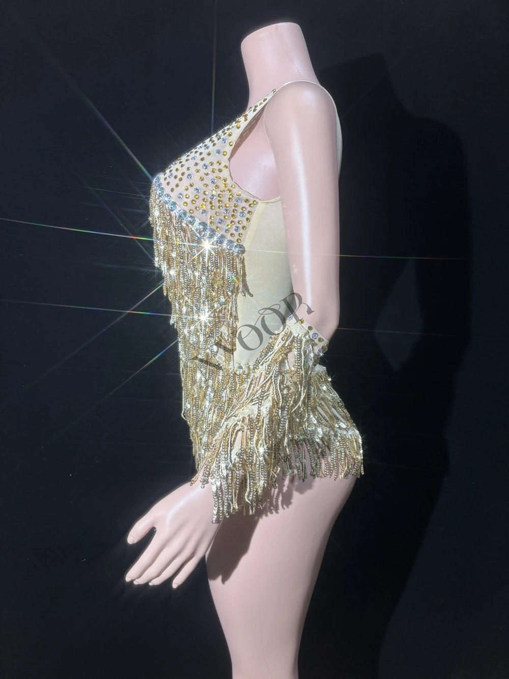 Gold Sparkly Rhinestone, Sequin & Tassel Bodysuit Stage Performance Costume