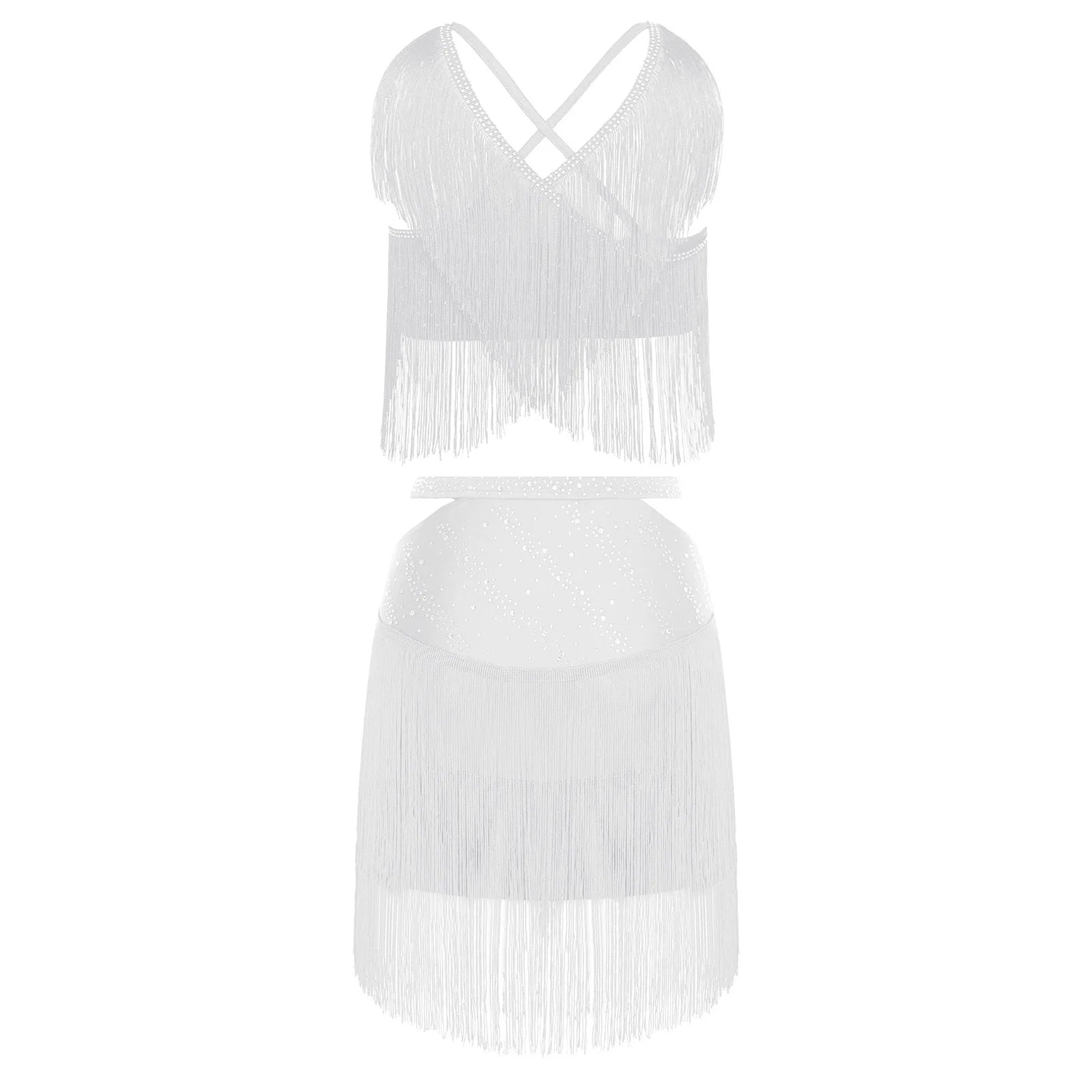 Sparkly Rhinestone & Tassel Fringe Two-Piece Latin Tango Dance Outfit Set
