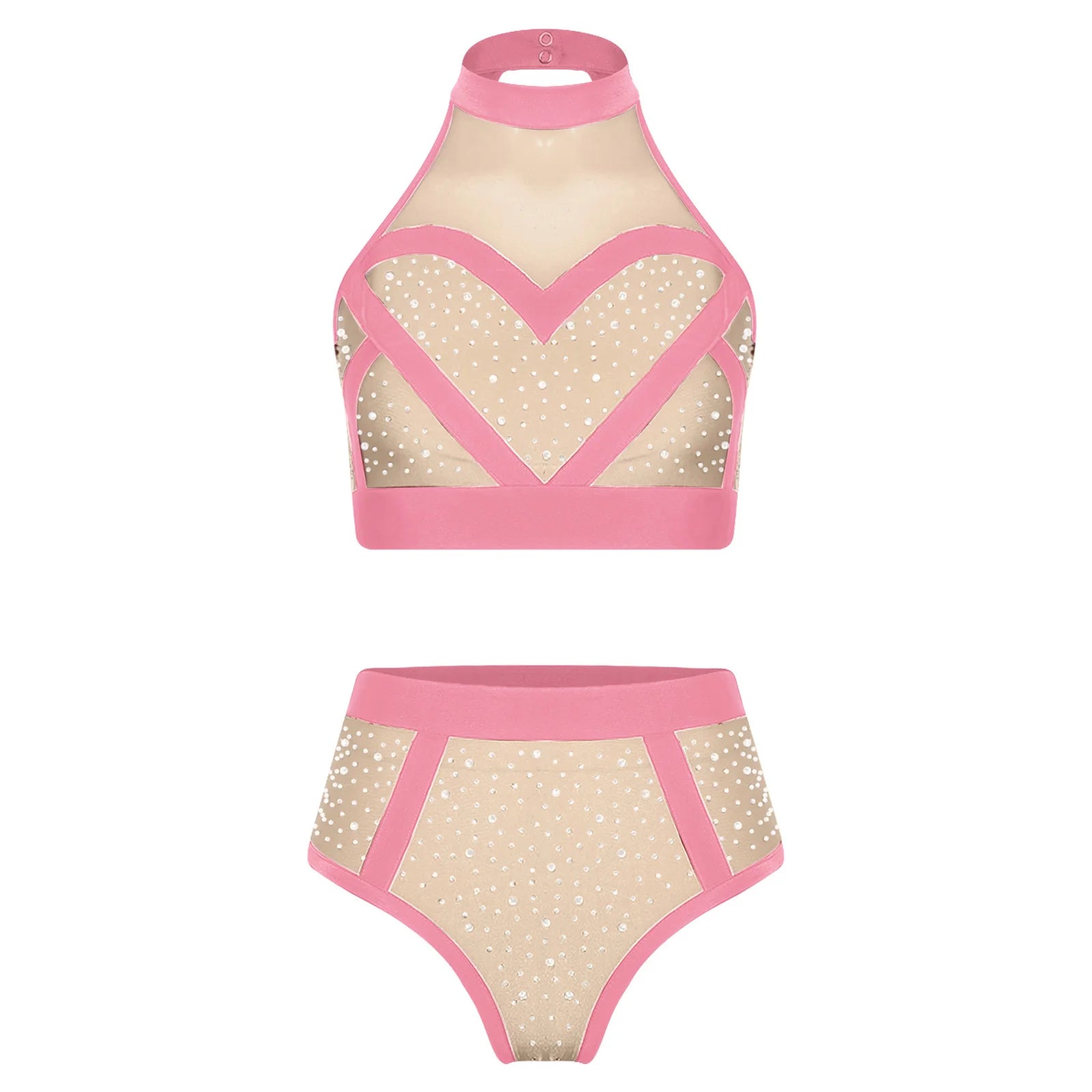 Rhinestone Halter Crop Top & High-Waist Briefs Set Sparkle Two-Piece Dance Set