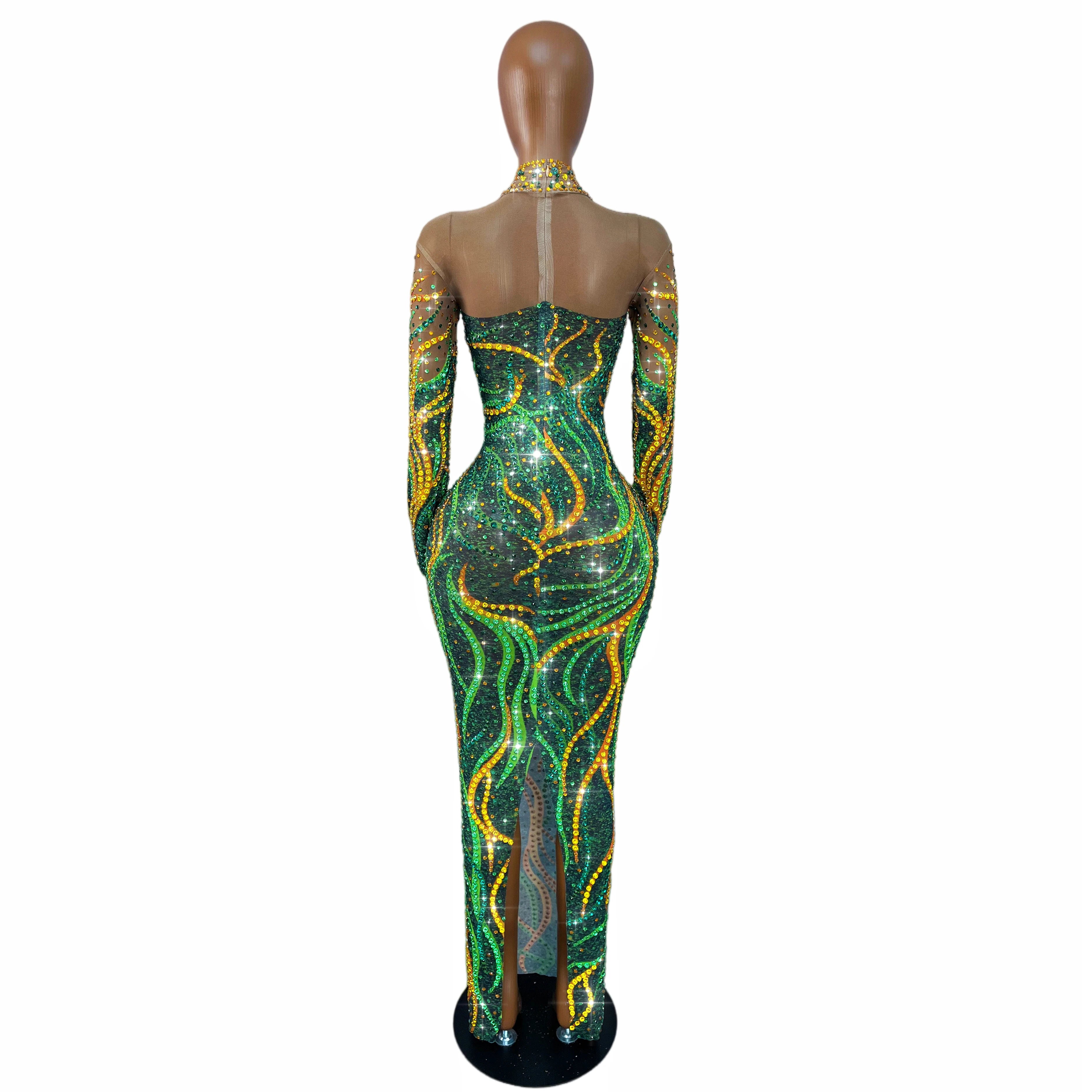 Gold & Emerald Swirl Rhinestone Illusion Maxi Gown Long Sleeve Floor-Length Evening Dress