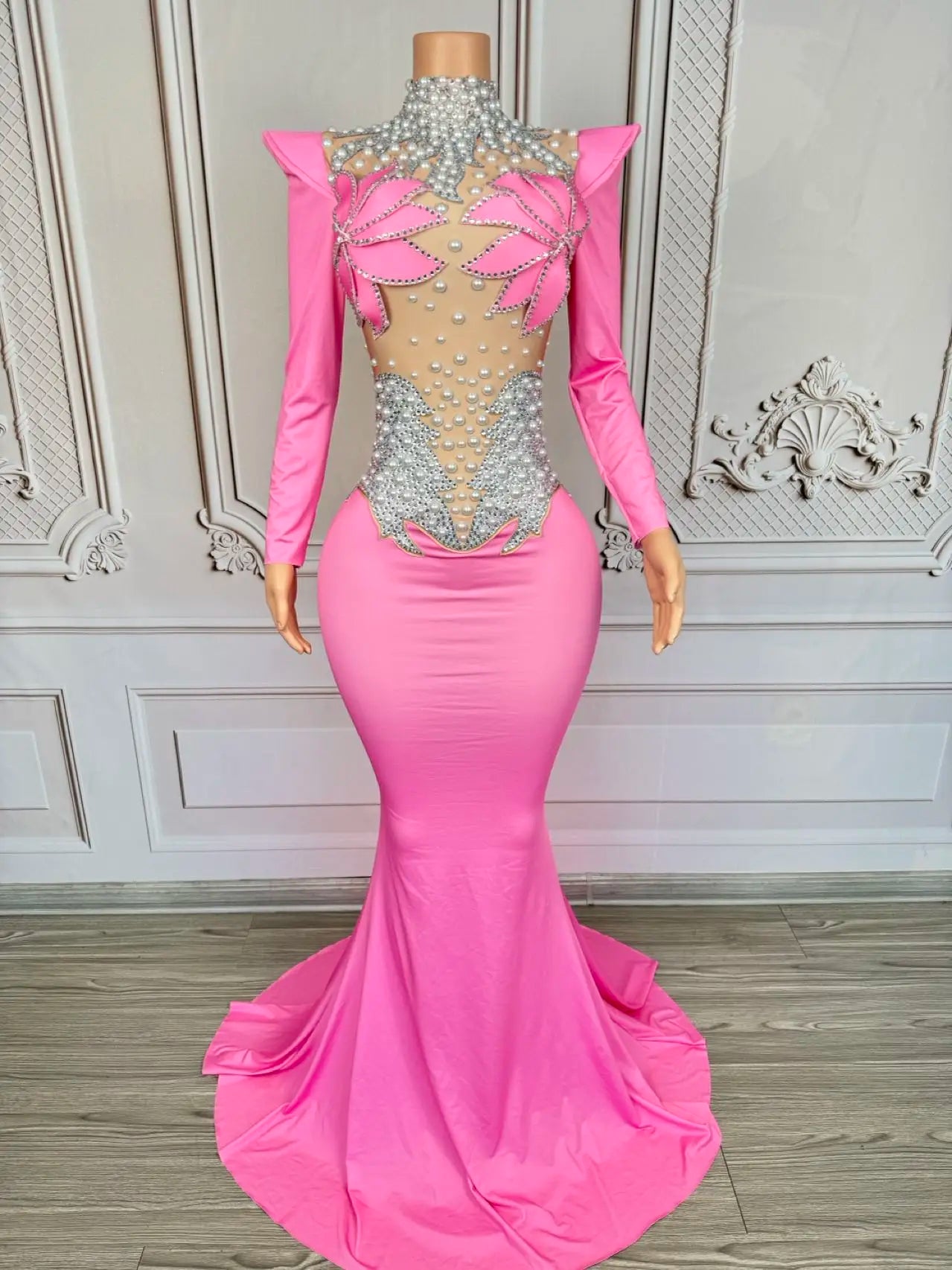 Rhinestone Floral Embroidered Mermaid Gala Gown & Trailing Evening Dress