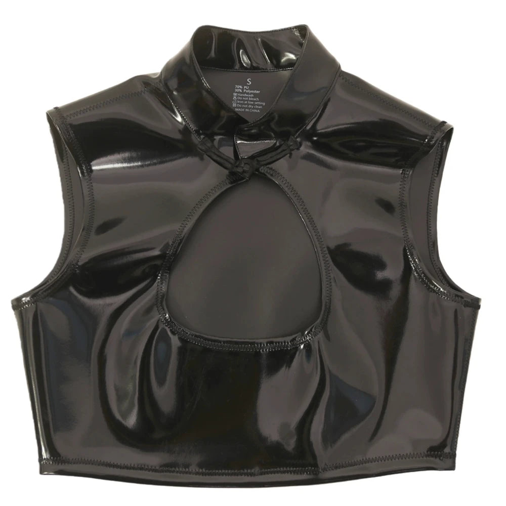 Sexy Women Double Sided Cheongsam Tank Top PU Faux Latex Leather Short Top PVC Elastic Glossy Shiny Stage Dance Wear Plus