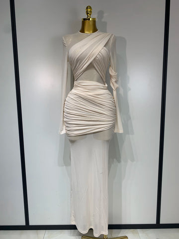 Ruched Mesh Draped Bodycon Maxi Dress Long Sleeve Illusion Evening Gown