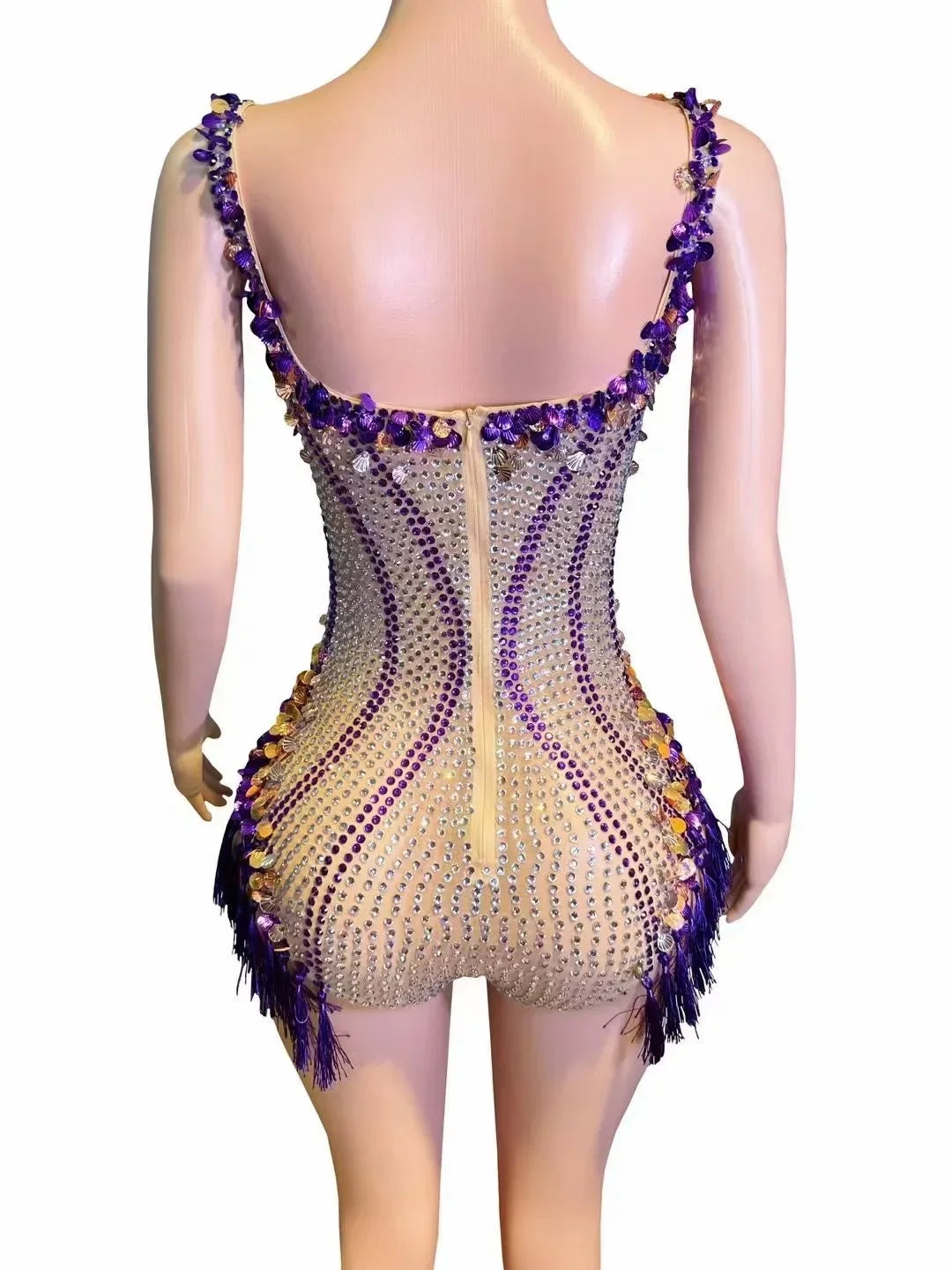 Sparkly Rhinestone & Tassel Fringe Bodysuit Stage Performance Costume