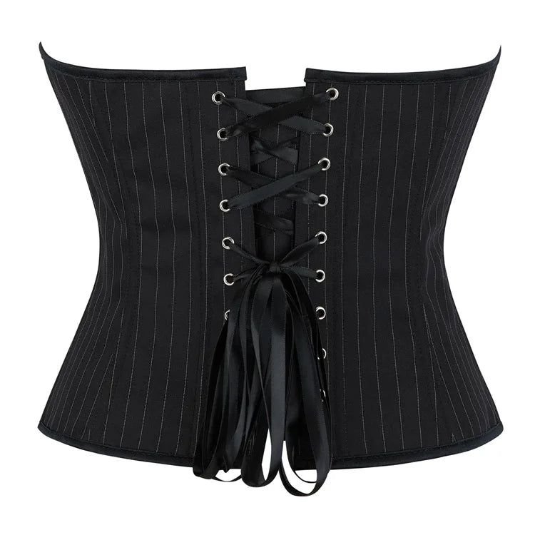 Black Striped Overbust Corset Top Zipper Front Lace-Up Bustier Body Shaper