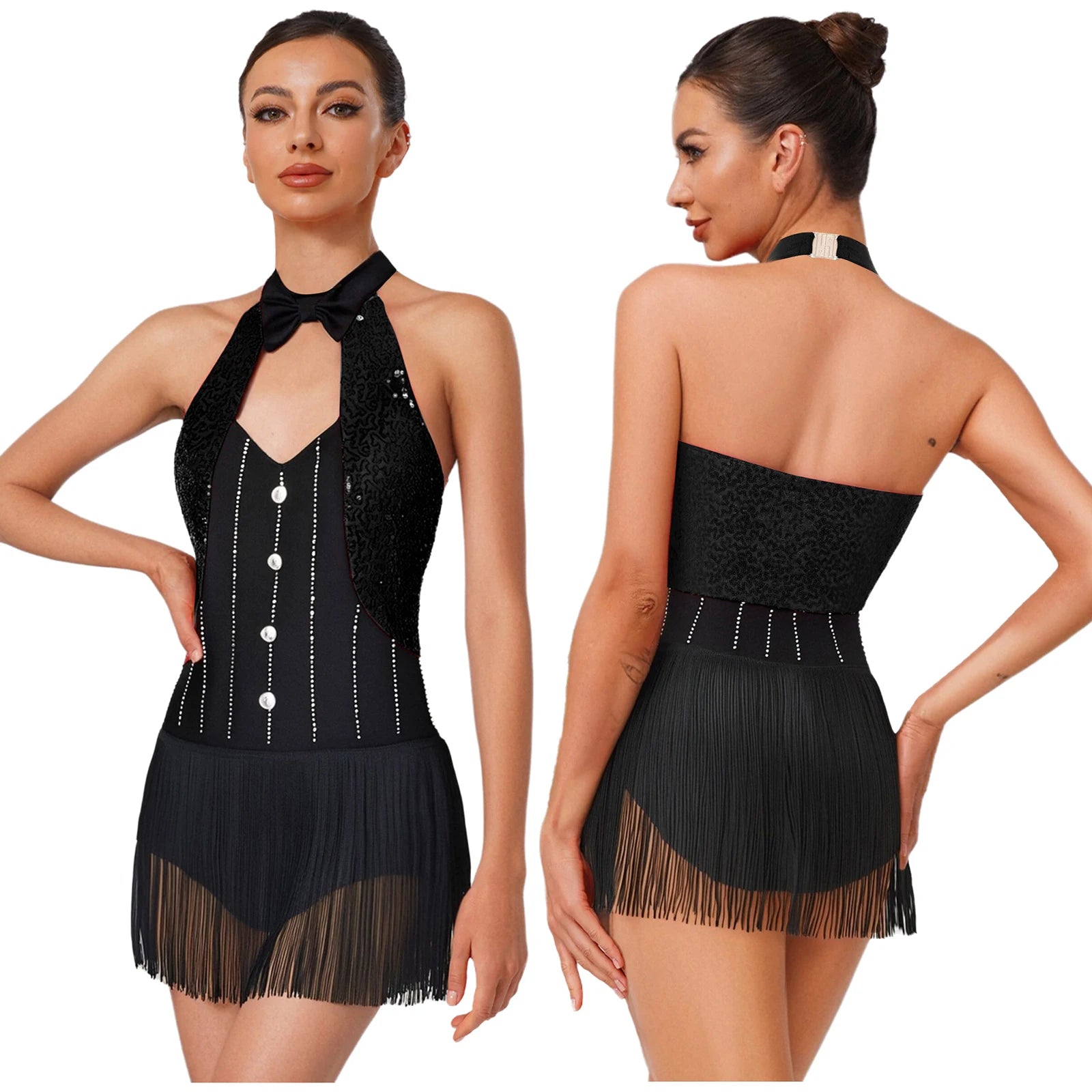 The Stardust Tuxedo Tassel Bodysuit – Luxury Sequins & Rhinestone Showgirl Leotard