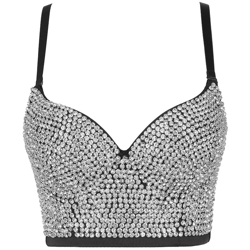 Sparkly Diamond Rhinestone Corset Top Showgirl Stage Performance Push-Up Bustier