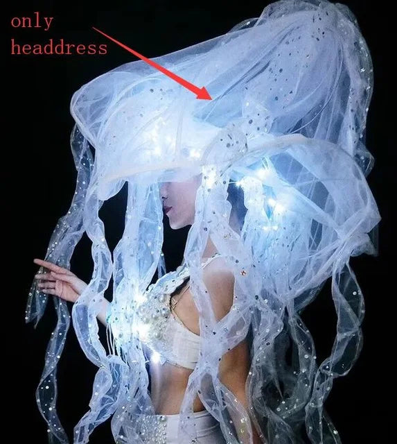 Pearl & Crystal Bustier Bikini Set & LED Illuminated Jellyfish Tentacle Headdress Stage Costume