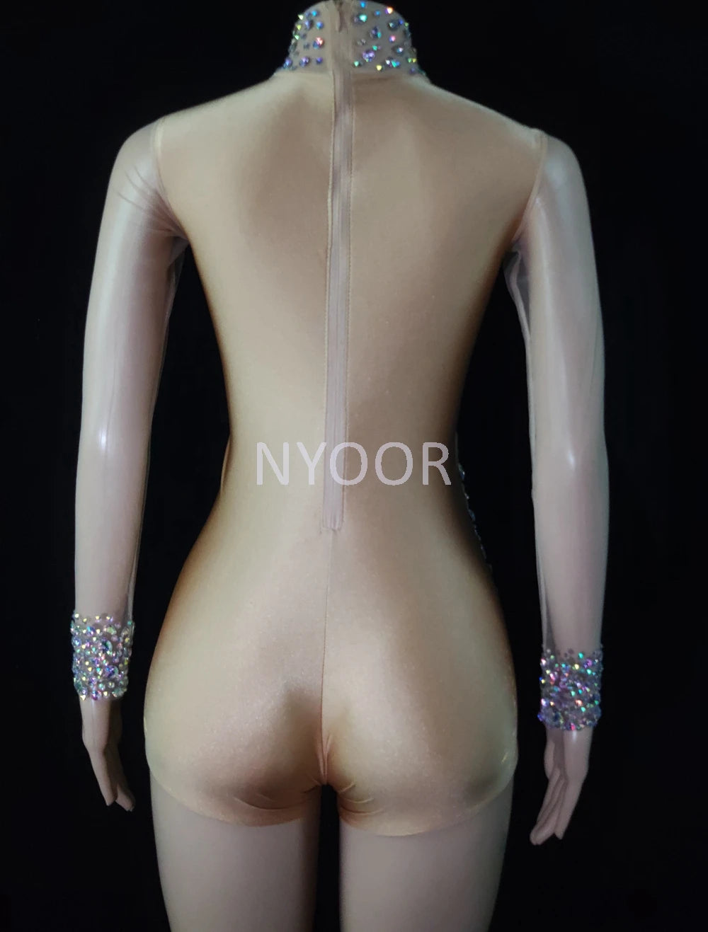 Luxurious AB Crystal Rhinestone Stage Dance Costume Illusion Romper
