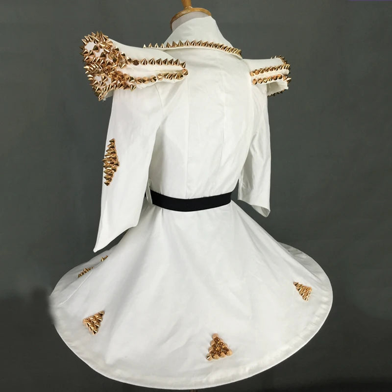 White Faux Leather Studded Stage Dress & Fluffy Skirt Pop Singer Costume Set