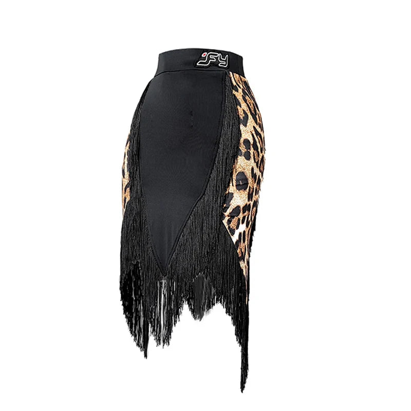 Black Open-Back Leotard & Leopard Print Fringe Skirt Latin Dance Costume Set