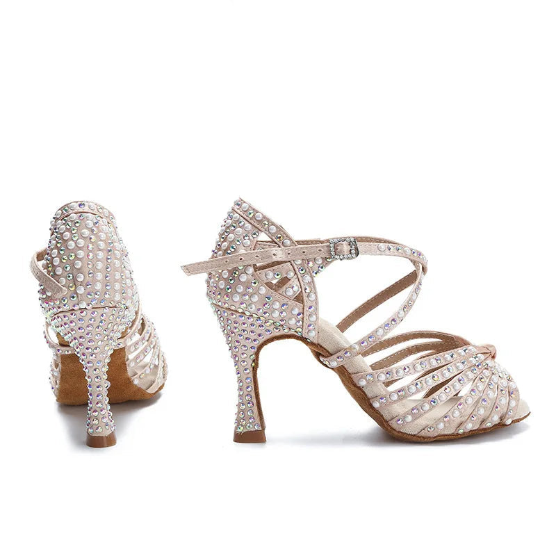 Sparkly AB Rhinestone Latin Dance Shoes Soft Bottom Ballroom Competition Heels
