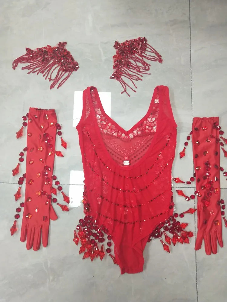 Sexy Nightclub Bar Gogo Dance Costume Red Rhinestones Fringe Mesh Bodysuit Gloves Performance Stage Wear Party Show Rave Outfits