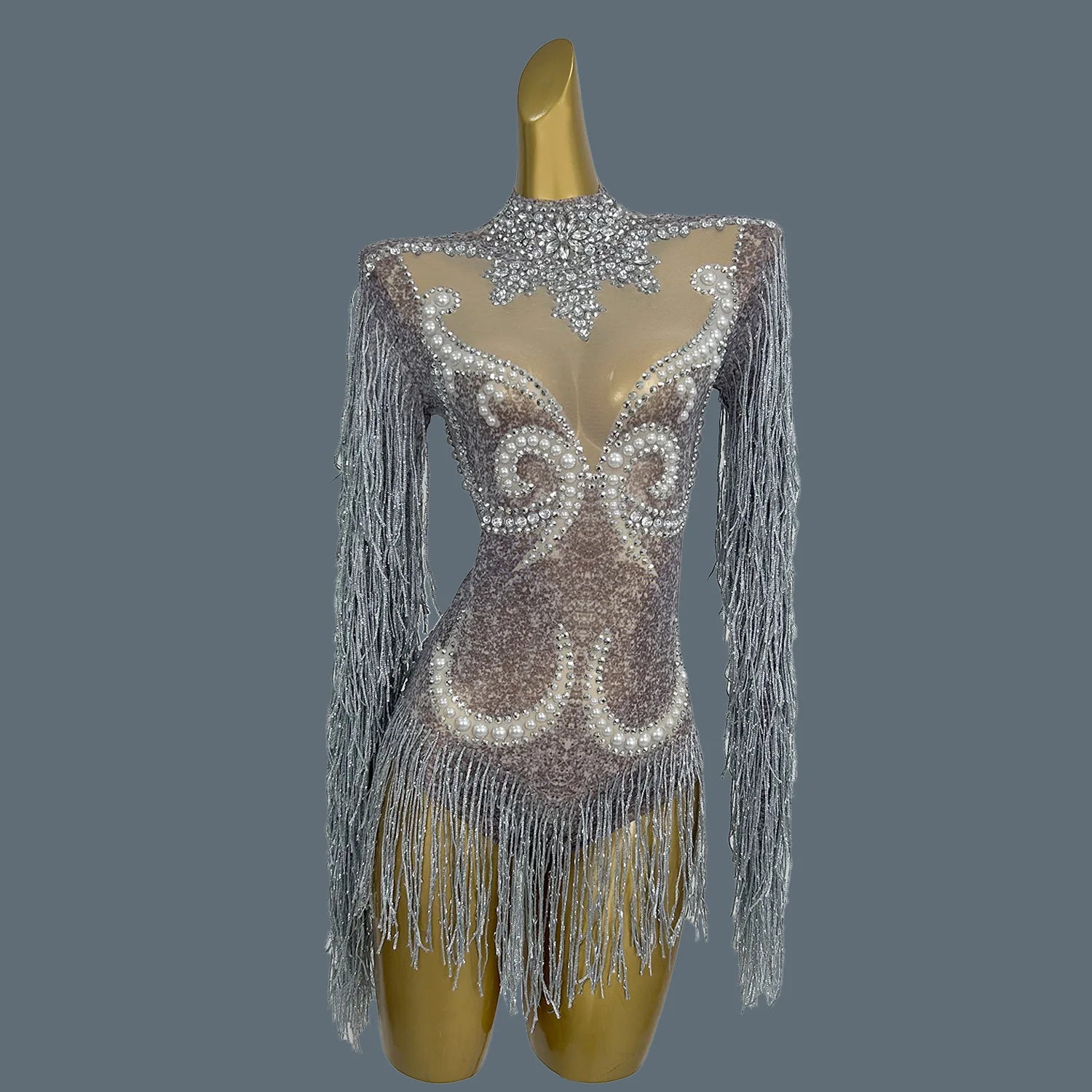 Pearl & Rhinestone Tassel Stage Costume Bodysuit Dance Leotard