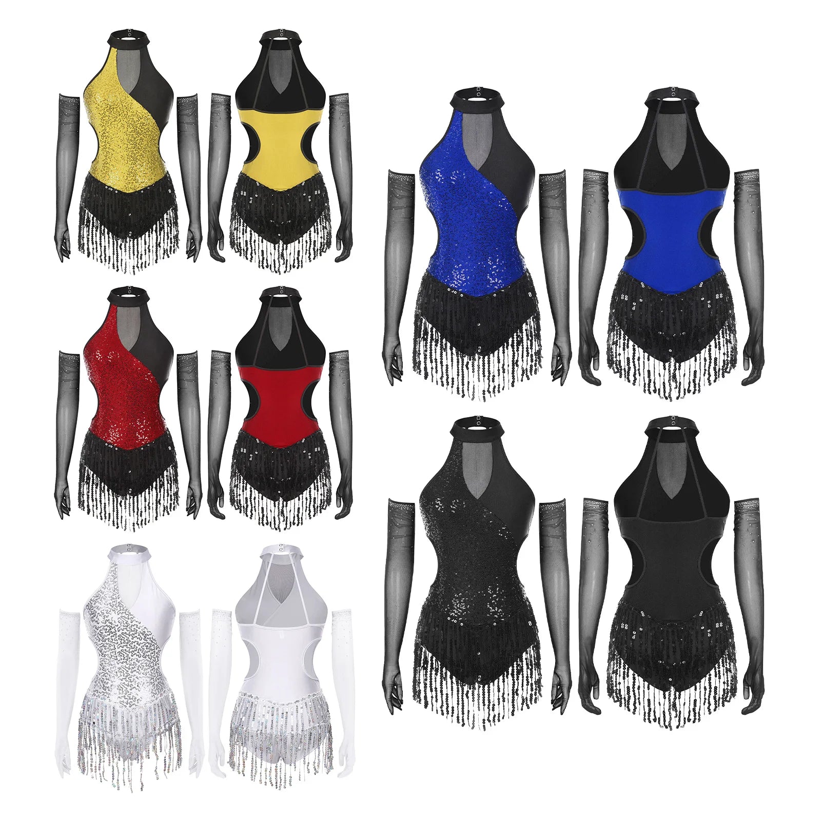 Sequined Fringe Latin Dance & Figure Skating Jumpsuit Leotard Set with Mesh Gloves