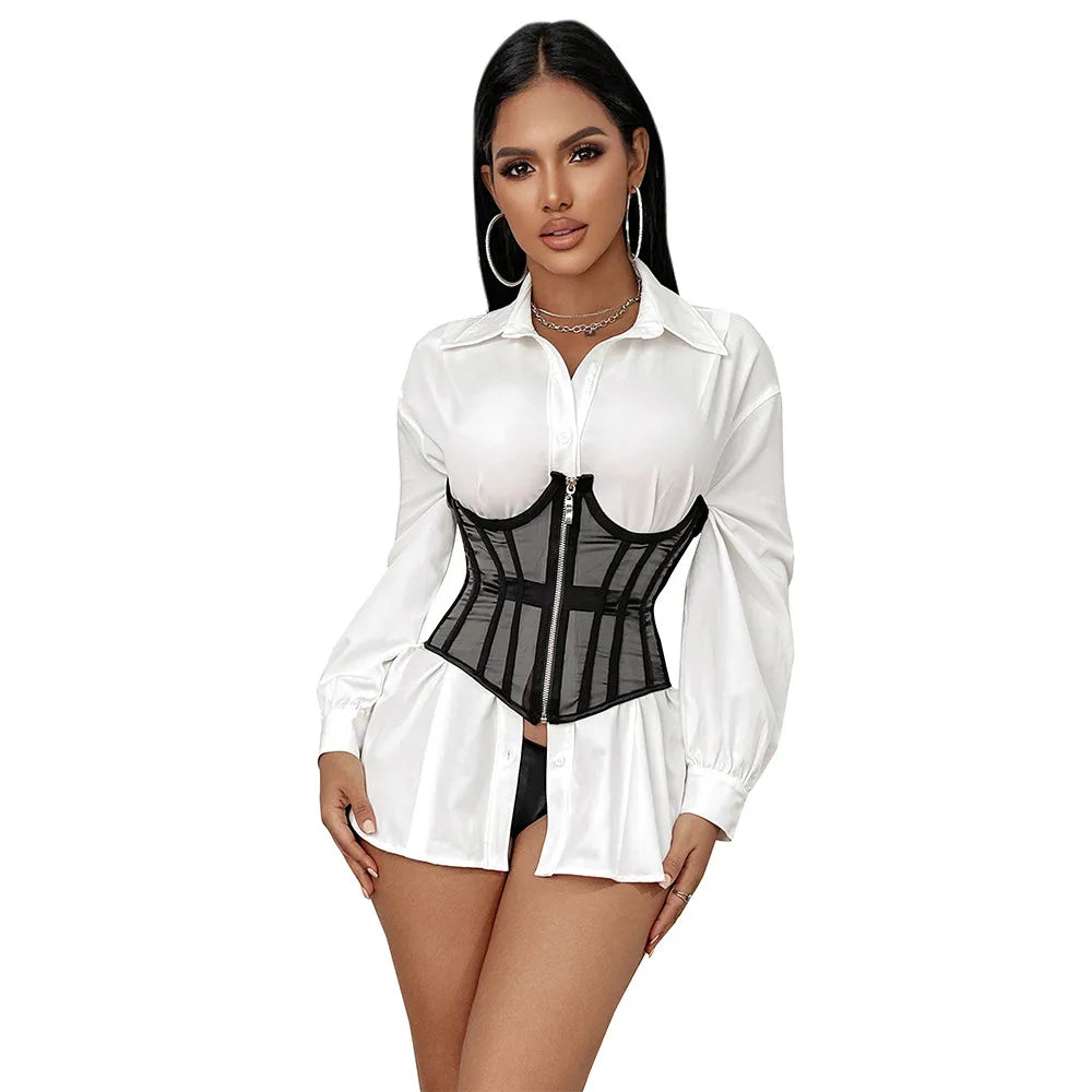 Transparent Sheer Mesh Underbust Corset Zipper Front Boned Waist Cincher Top