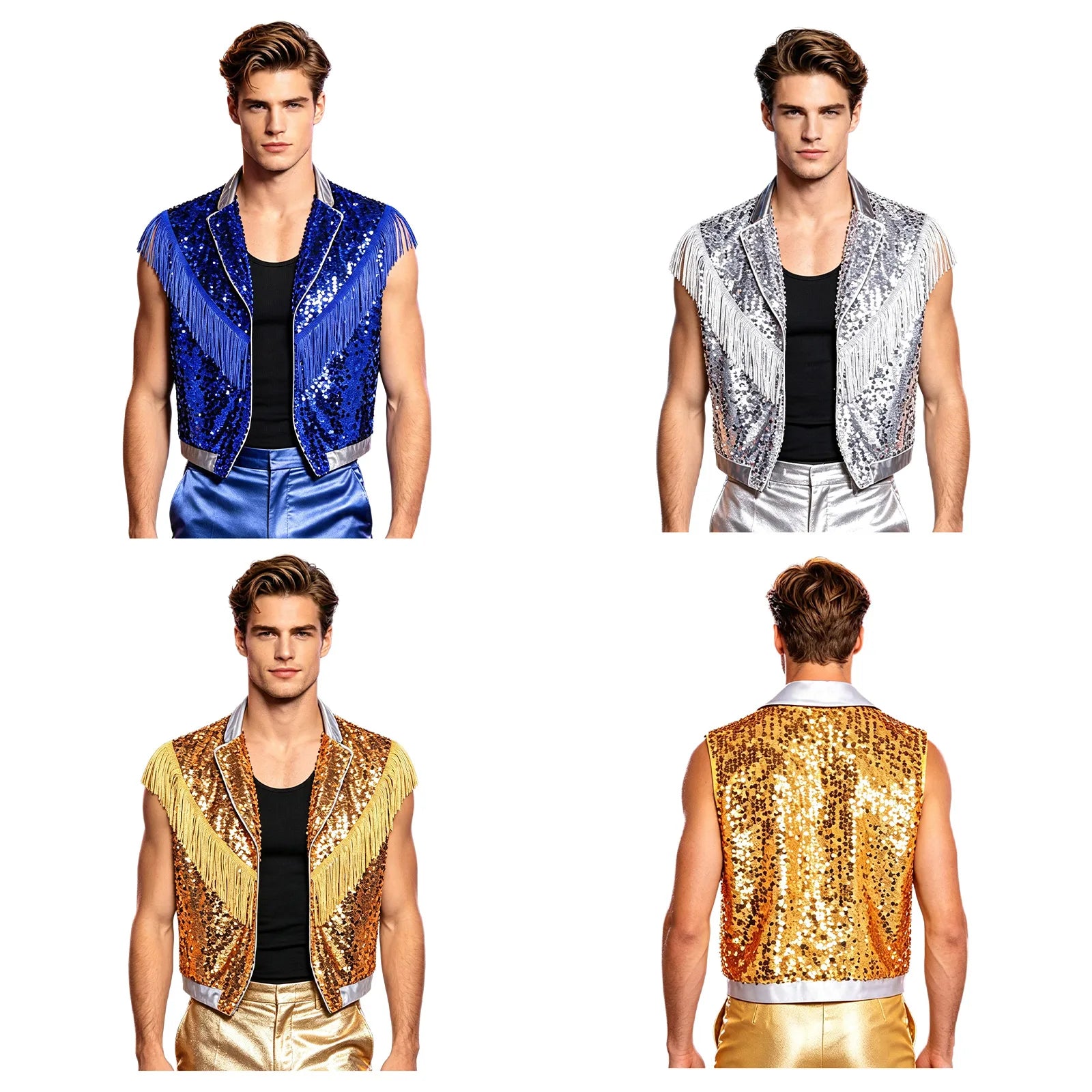Men's Metallic Sequin Tassel Open-Front Vest Lapel Collar Sleeveless Stage Dance Waistcoat