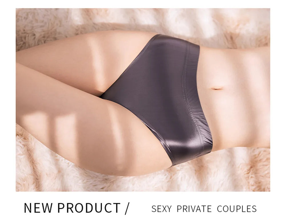 Sexy Smooth Shiny High Waist G-string Sheer See Through Brief Candy Color Elastic T-Back Oil Thong UnderWear Erotic Lingerie