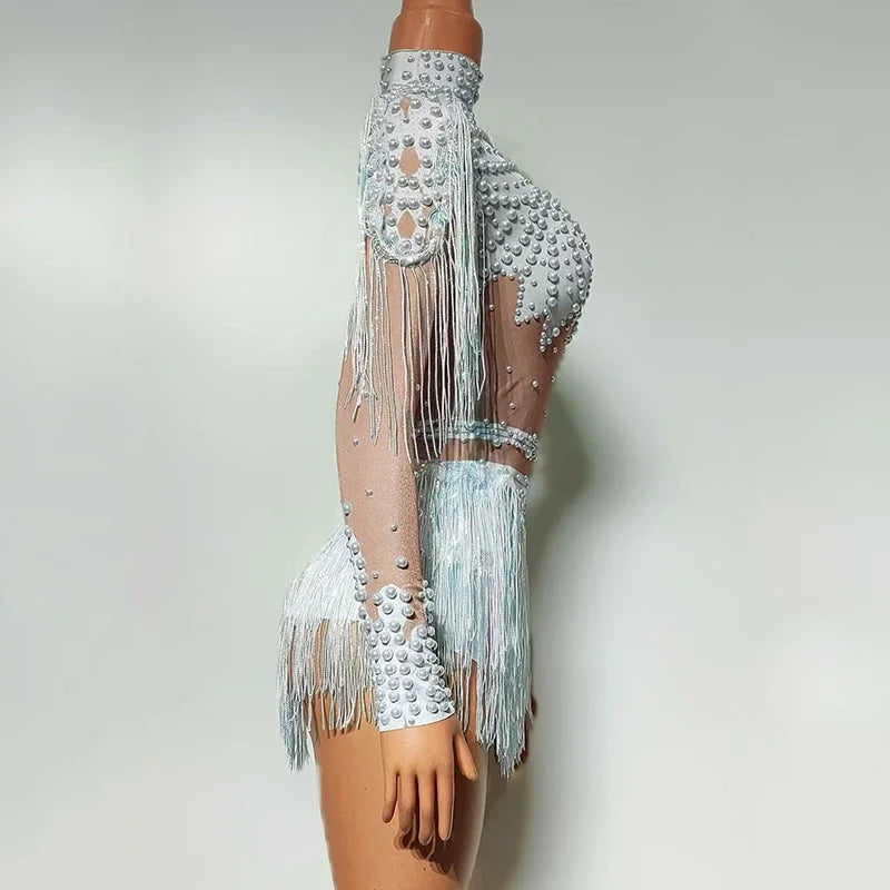 Pearl Tassel Long-Sleeve Performance Bodysuit