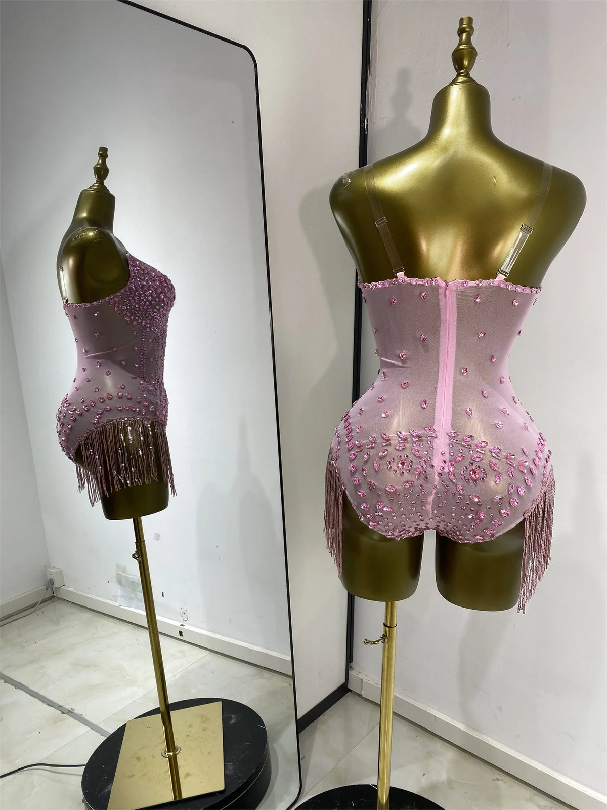 Vintage-Inspired Shiny Rhinestones Tassel Mesh Bodysuit Costume Set