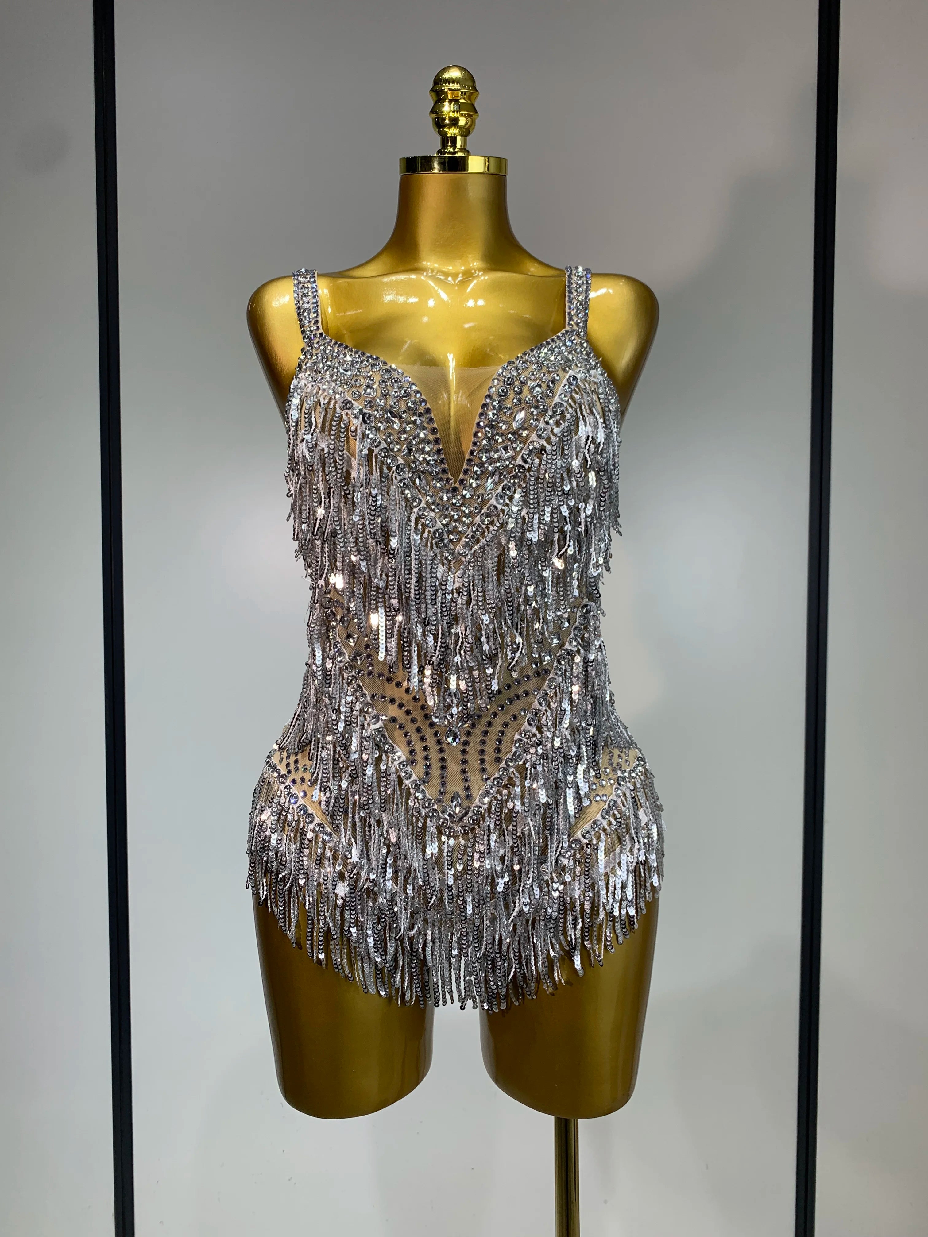 Sparkly Rhinestone Tassel Backless Mesh Bodysuit Luxury Stage Performance Costume