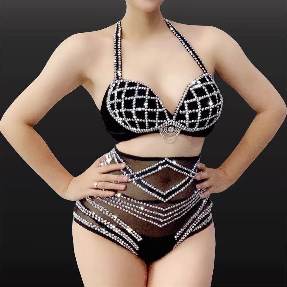 Black Rhinestone Grid Bikini & Feather Wing Headpiece Gogo Stage Costume Set