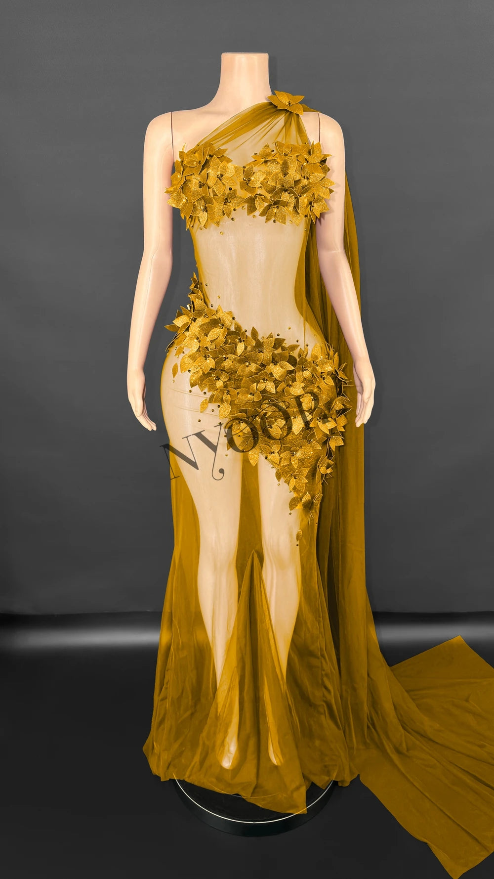 Sheer Rhinestone Applique Evening Gown Long Tail Showgirl Stage Performance Dress