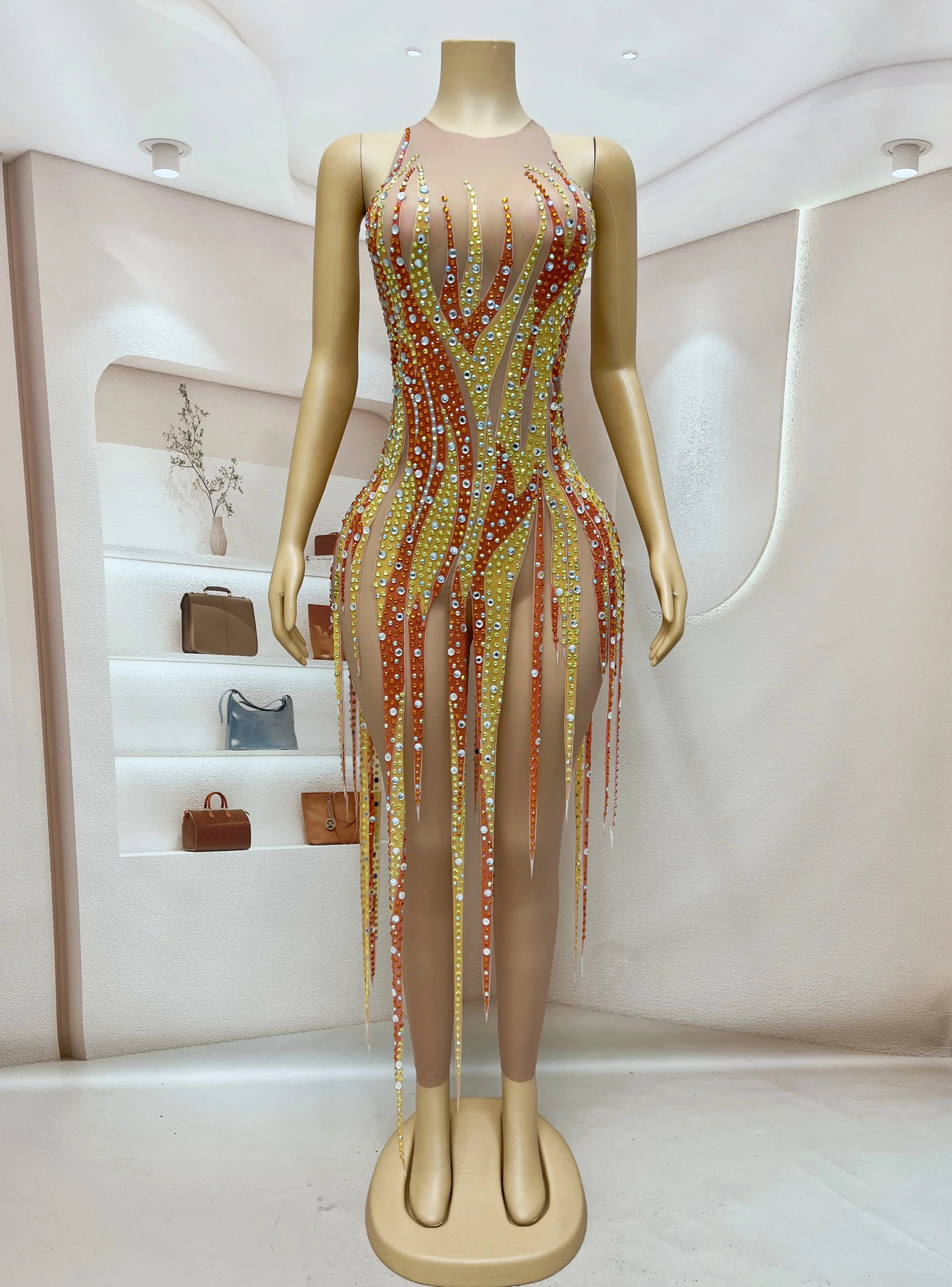 Gold & Amber Beaded Rhinestone Catsuit Illusion Mesh Long-Sleeve Jumpsuit Stage Costume