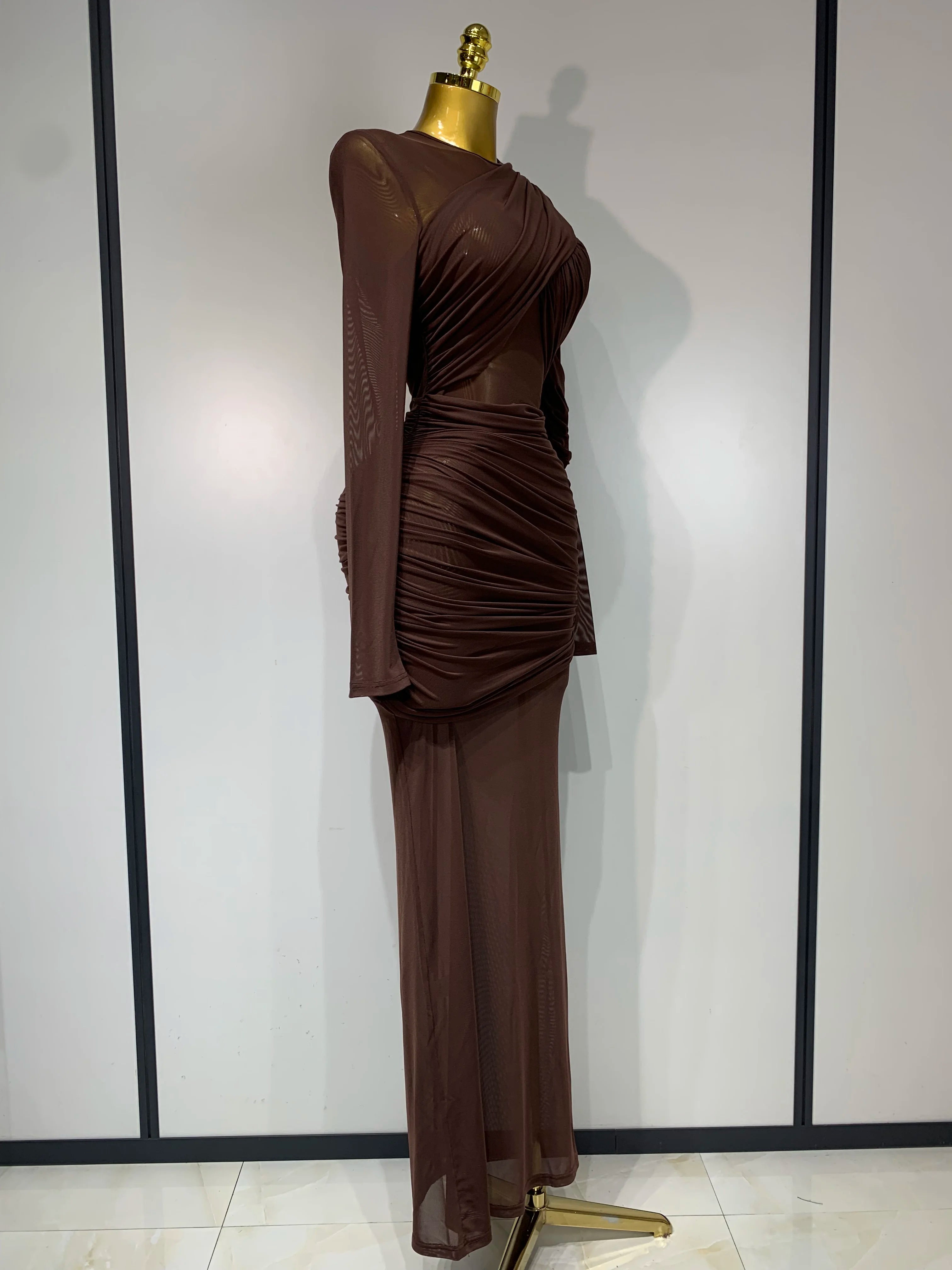 Ruched Mesh Draped Bodycon Maxi Dress Long Sleeve Illusion Evening Gown