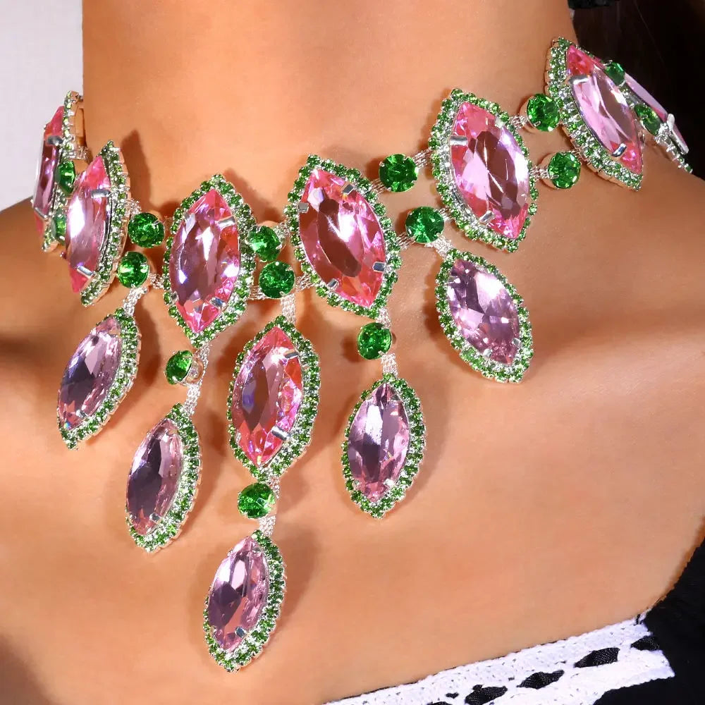 Pink & Green Geometric Rhinestone Choker