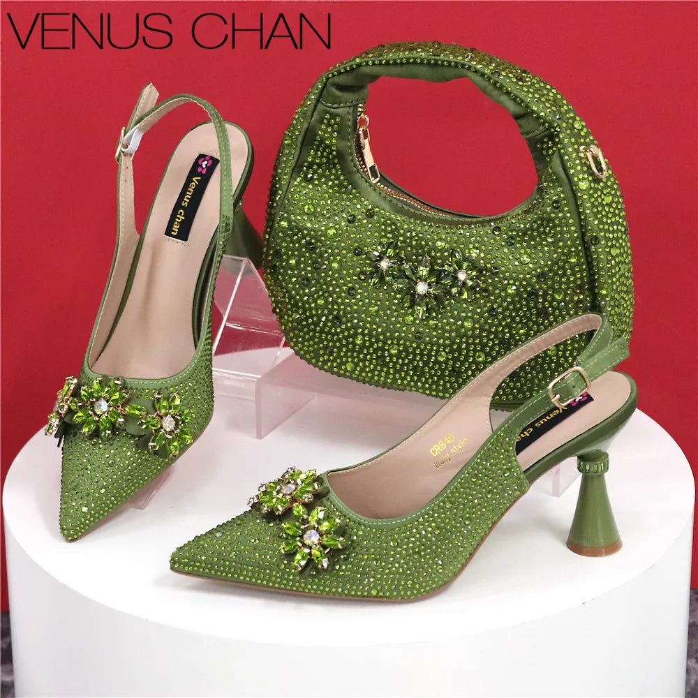 Pointed Toe Rhinestone High Heels Shoes and Bags Set