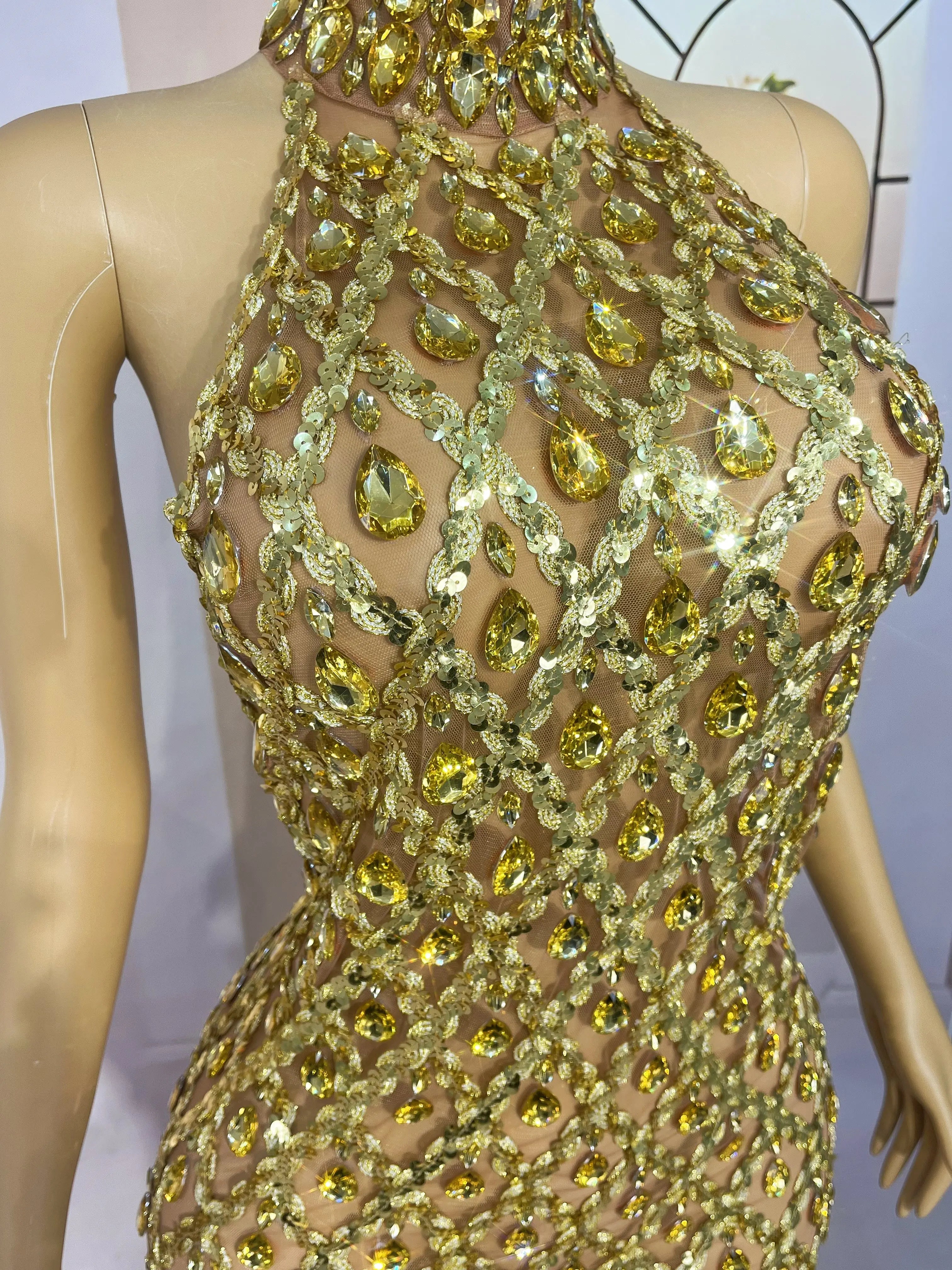 Sparkly Rhinestone Feather Sheer Mesh Evening Gown Stage Fashion Show Outfit