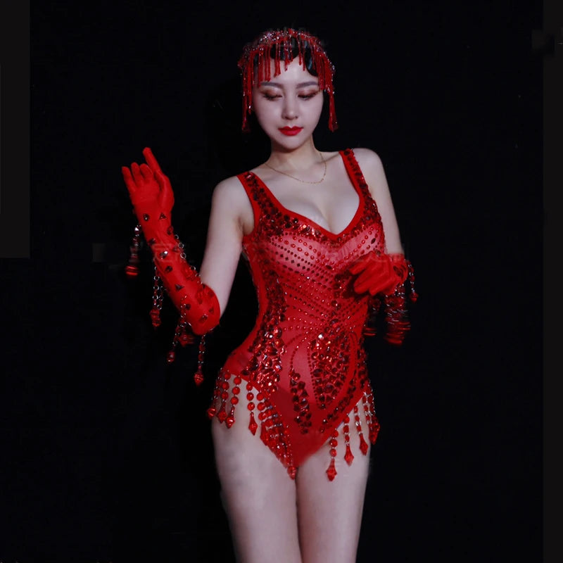 Women's Red Rhinestone Bodysuit & Gloves Dance Costume
