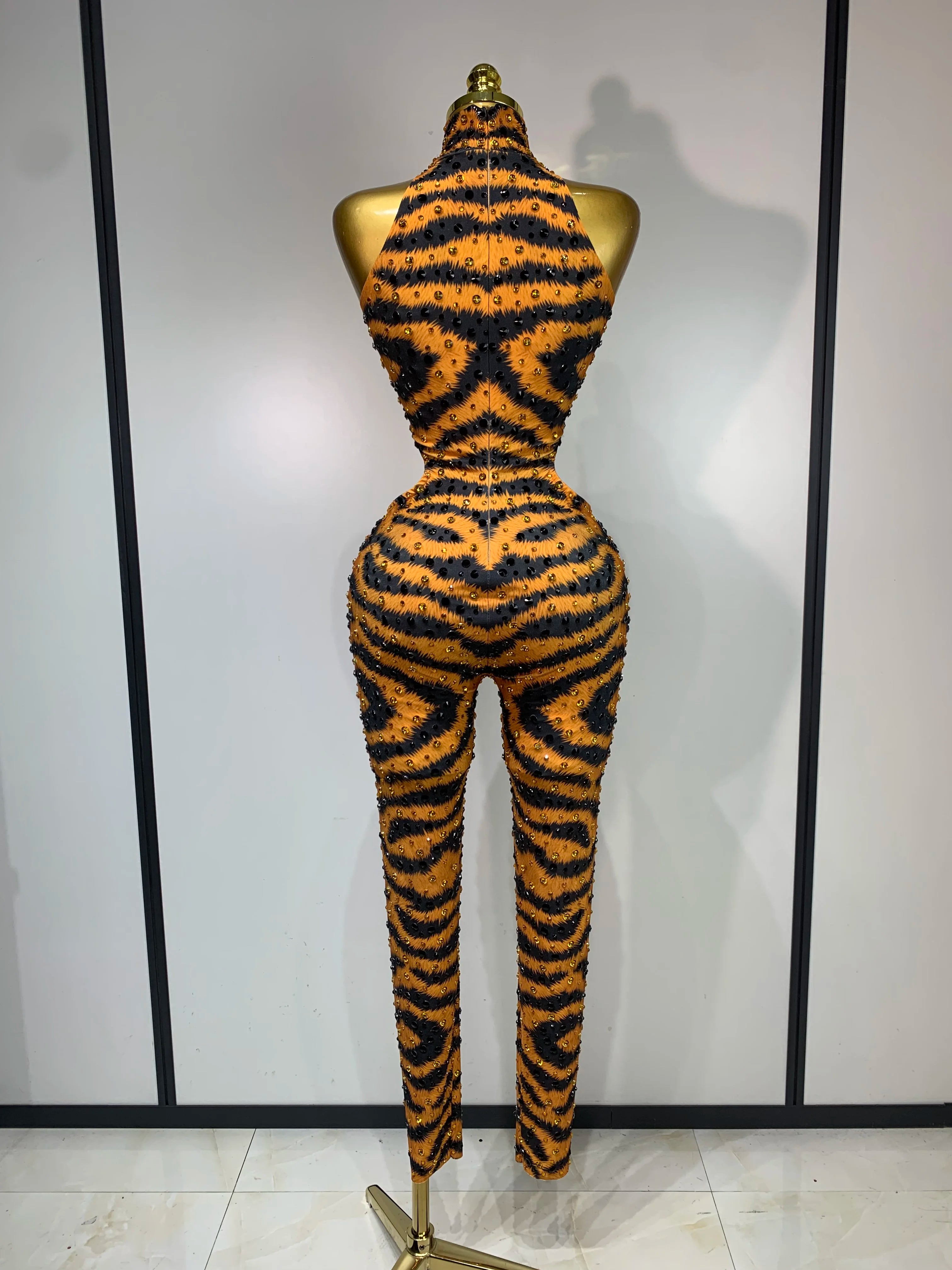 Sparkly Rhinestone Tiger Pattern Bodycon Jumpsuit Halter Stage Costume
