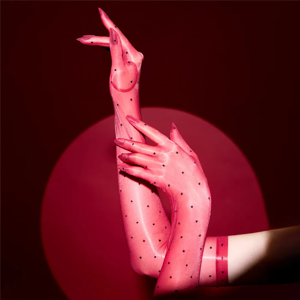 Sexy Women 1D Dot Ultra Thin Five Finger Long Glove Oil Shiny Glossy Sun Protection Glove Elastic Party Wedding Luxury Glove