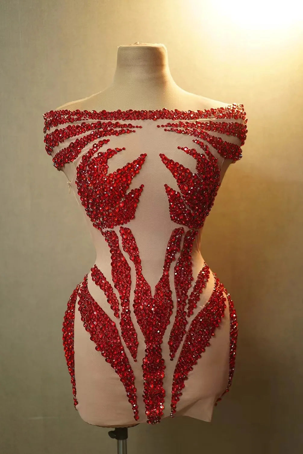 Sparkly Silver & Red Rhinestone Sleeveless Mini Dress Stage Costume