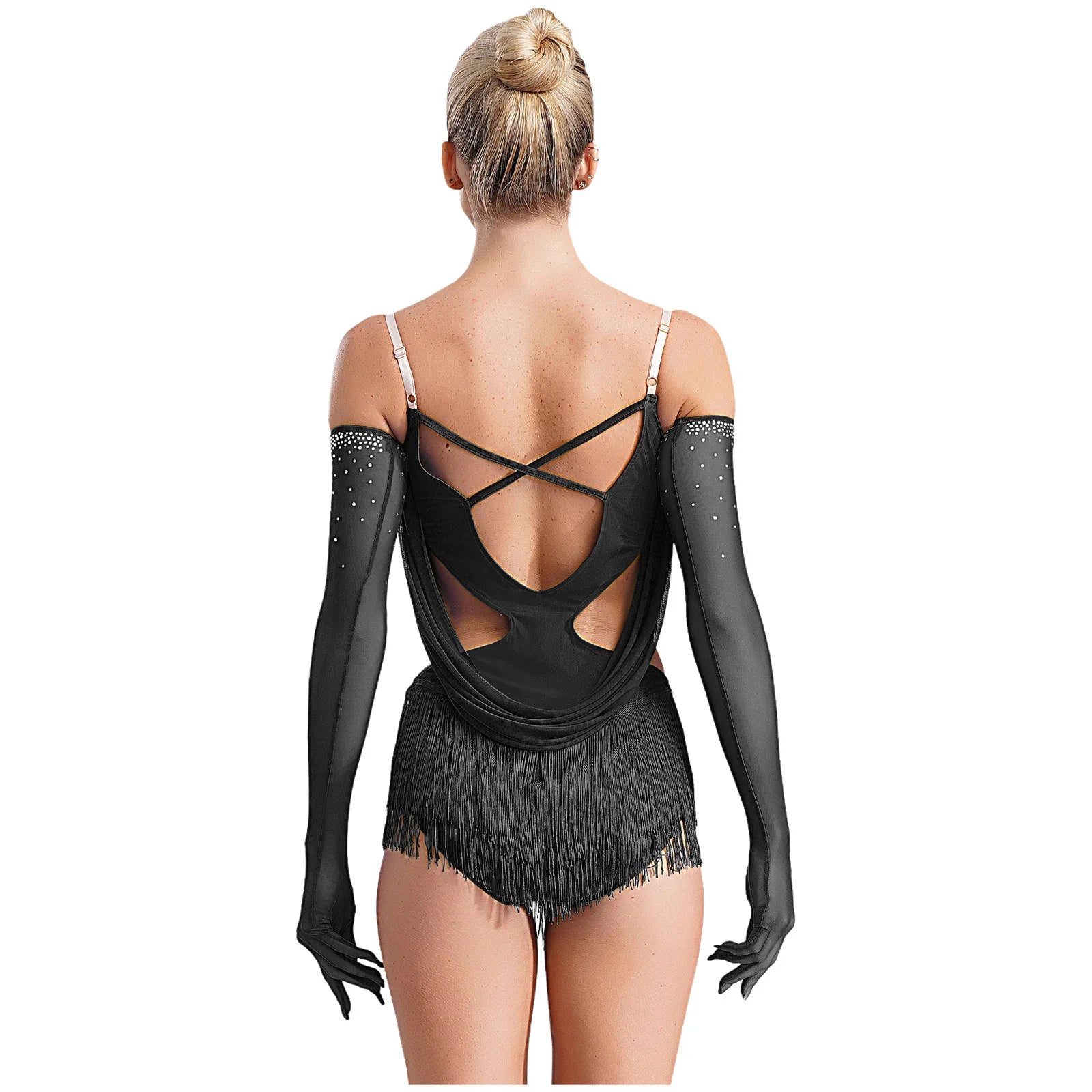 Sparkly Rhinestone & Tassel Fringe Dance Leotard with Gloves Two-Piece Stage Costume