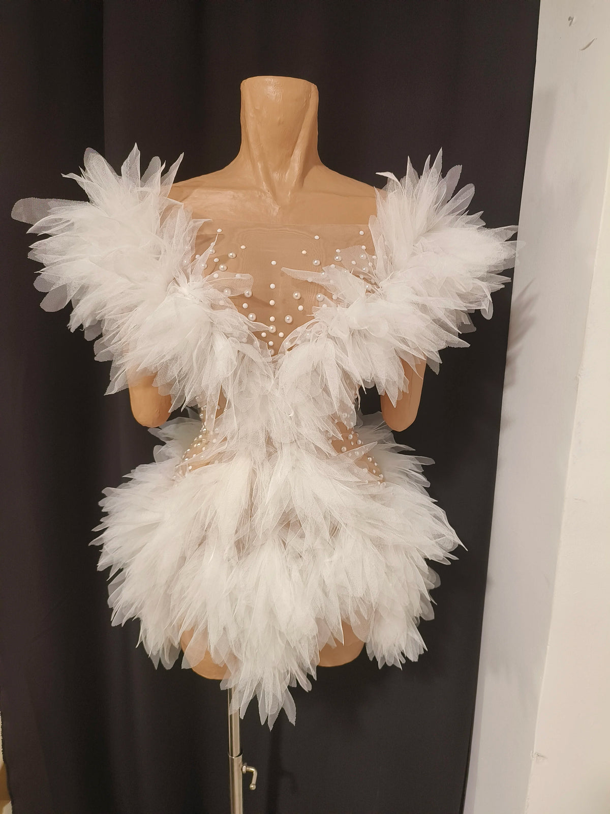 White Off-Shoulder Rhinestone Mesh Mini Dress