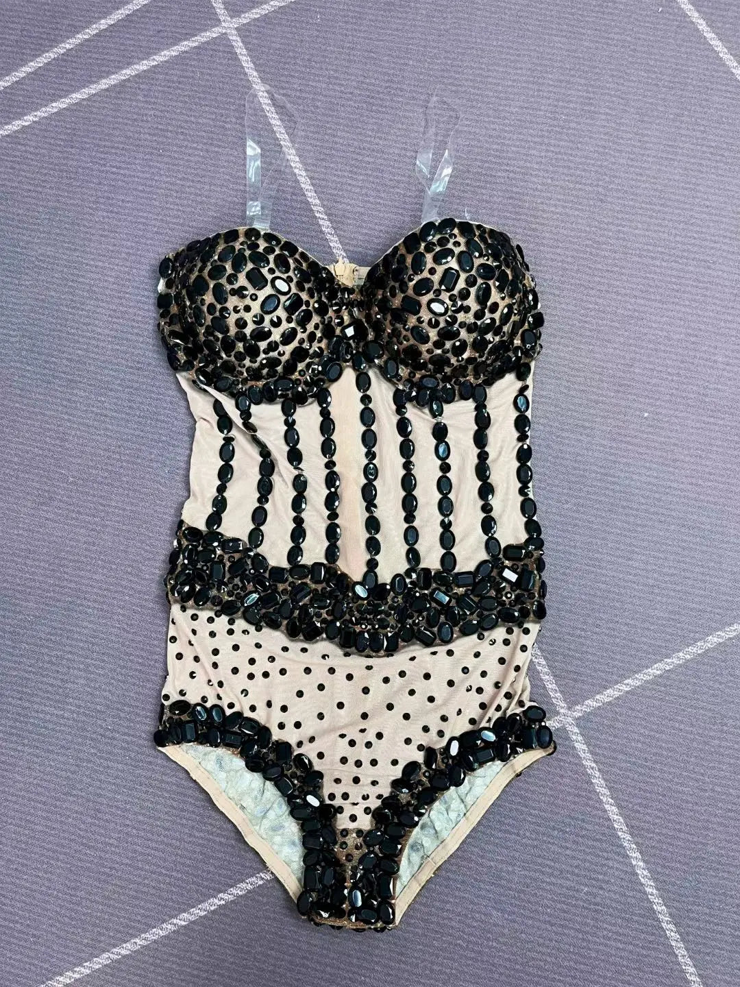 Sparkly Rhinestone Black Bodycon Sheer Mesh Bodysuit Nightclub Stage Outfit