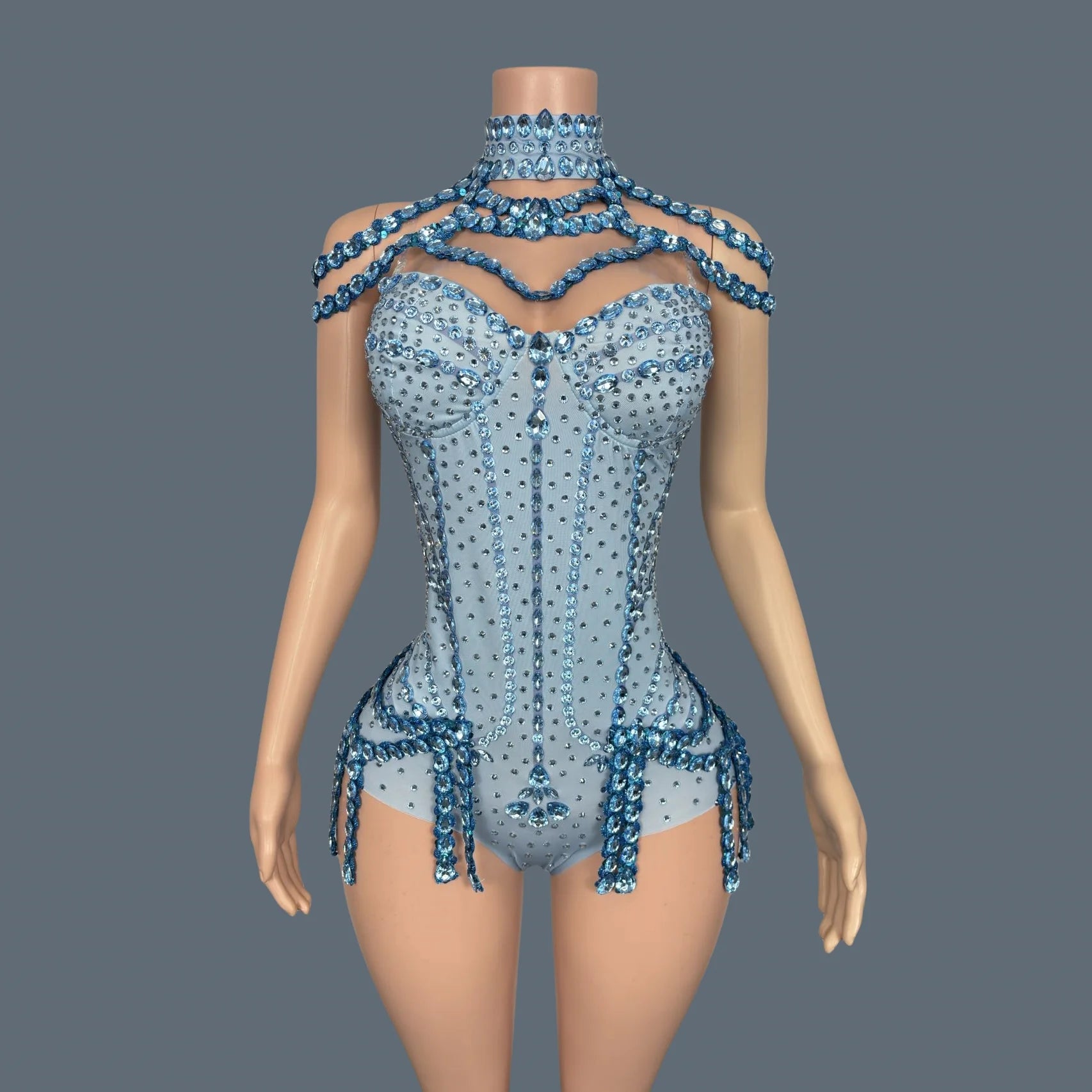 Sparkly Rhinestone Tassel Spandex Bodysuit Halter Dance Stage Costume Leotard