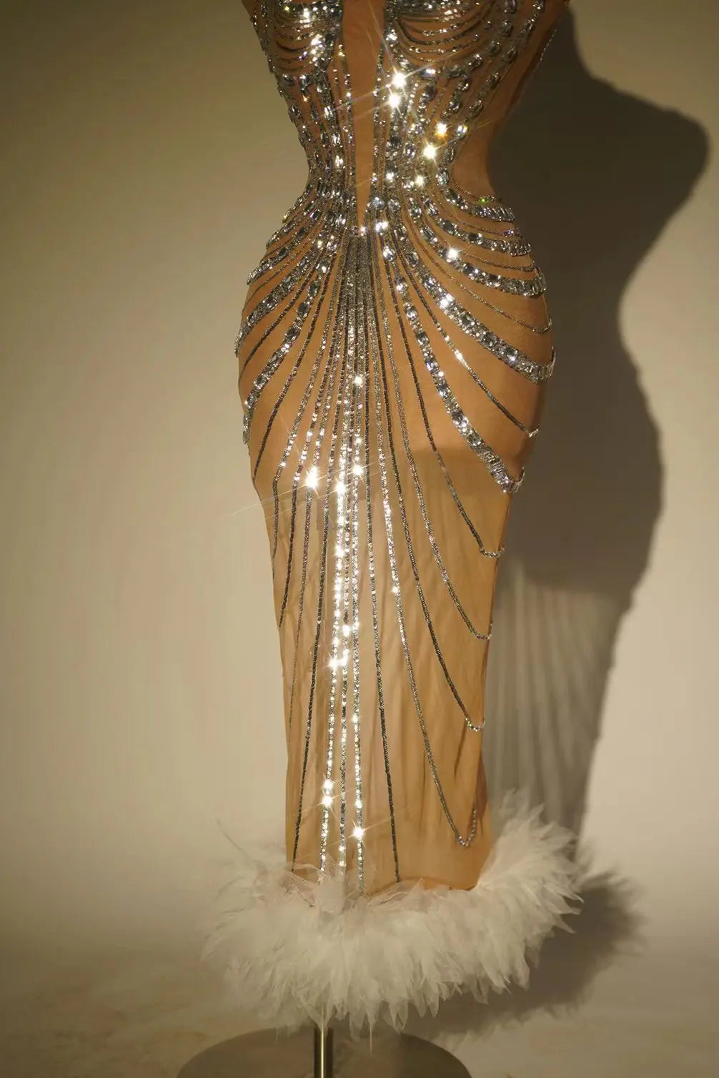 Sparkly Rhinestone & Sequin Sheer Illusion Long Dress Performance Costume