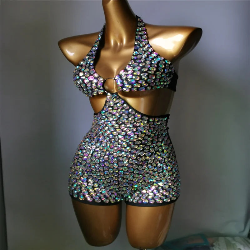 3-Piece Crystal Bra & Mesh Cover-Up Set – Luxury Rhinestone Bikini, Sling Dress & Gauze Skirt Ensemble for Festivals & Beach Clubs