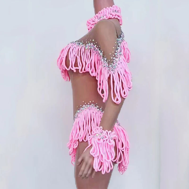 Pink Tassel Long-Sleeve Bodysuit Drag Queen & Gogo Stage Performance Costume