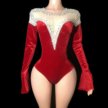 Sparkly Rhinestone Long-Sleeve Bodysuit Stage Performance Costume