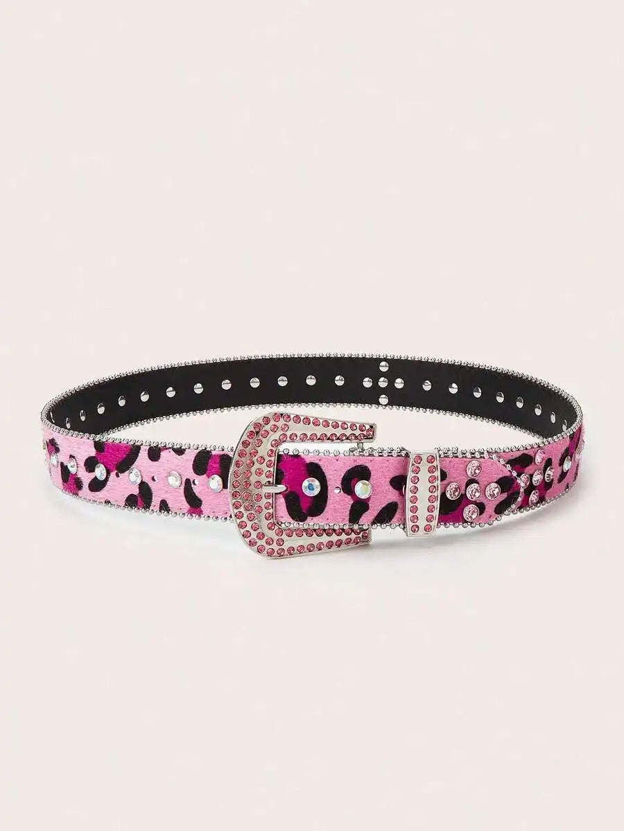 Rhinestone Embellished Animal Print PU Leather Belt