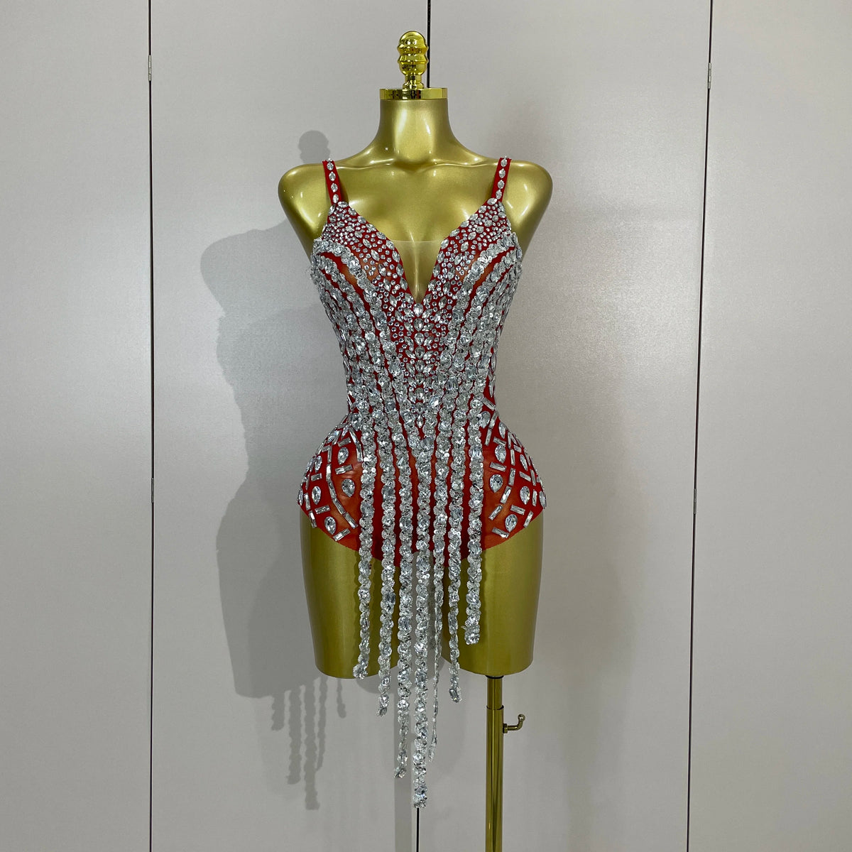 Rhinestone Long Tassel Mesh Bodysuit