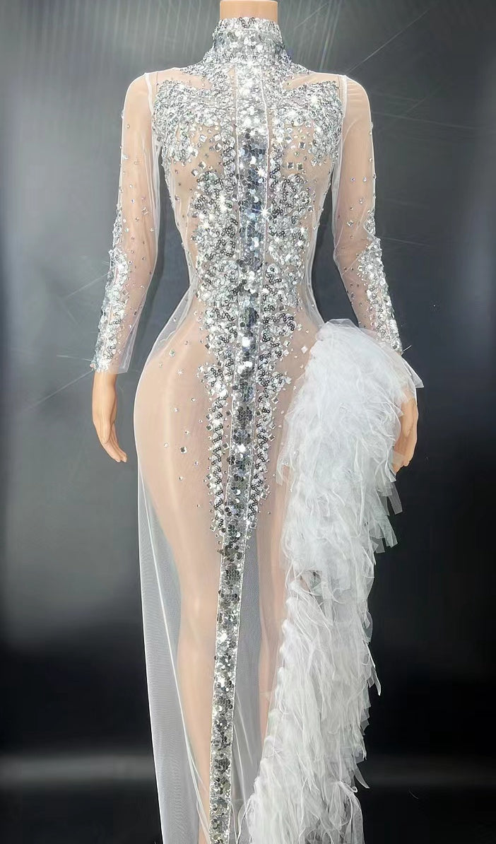 Sparkly Silver Sequin Long Sleeve Mesh Evening Dress High Split Stage Birthday Gown