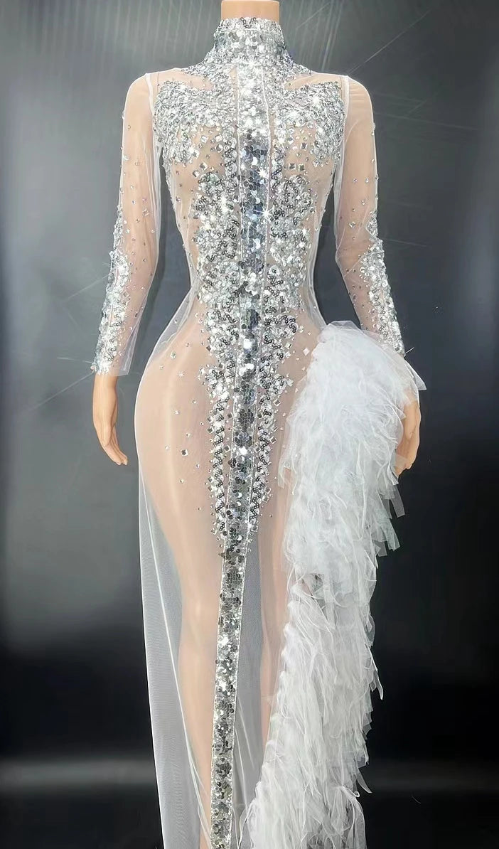 Sparkly Silver Sequin Long Sleeve Mesh Evening Dress High Split Stage Birthday Gown