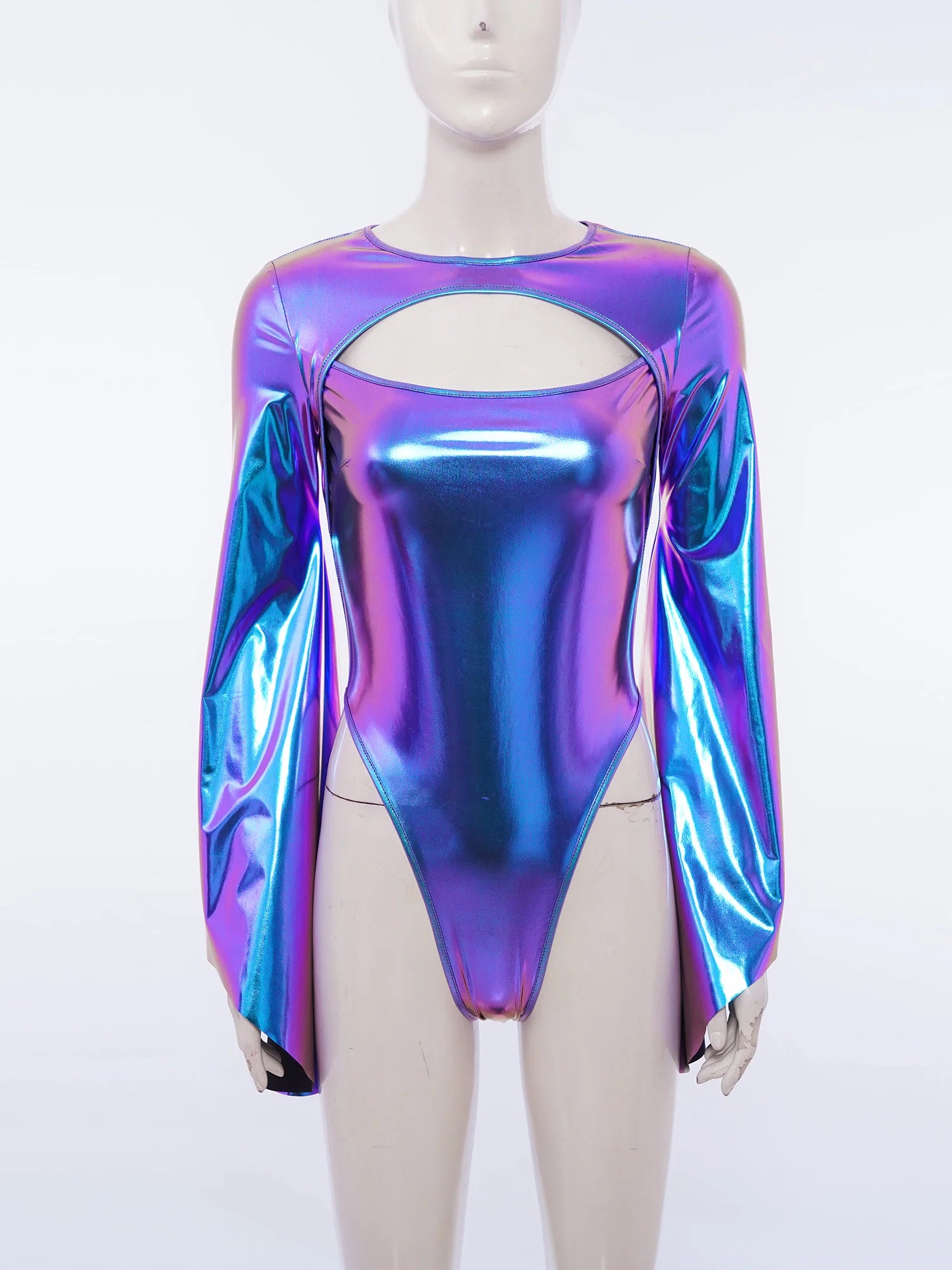 Metallic Flared Sleeve Cutout Disco Bodysuit & Metallic Rave Leotard